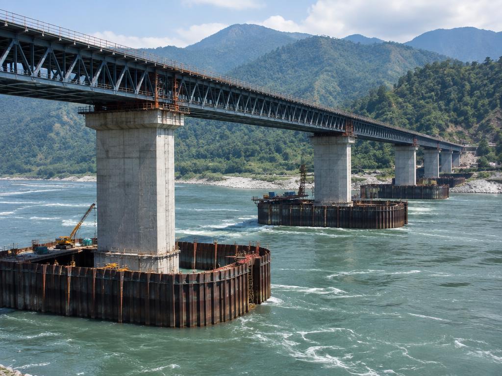 Deep bridge foundations and concrete piers under construction in an Indian river