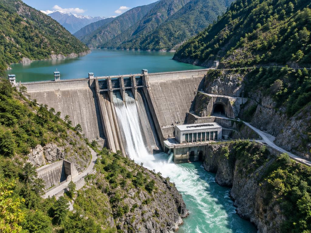 Hydropower dam and reservoir in a steep Indian Himalayan gorge