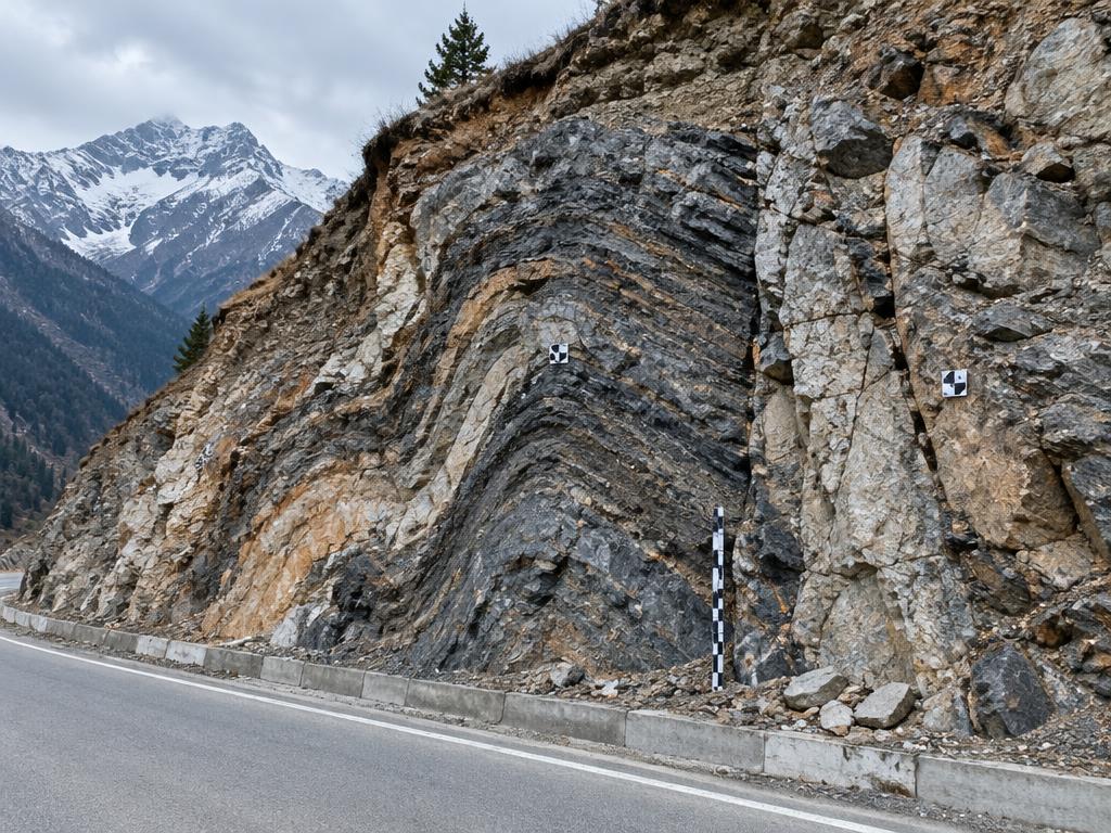 Folded Himalayan rock strata exposed beside a mountain highway