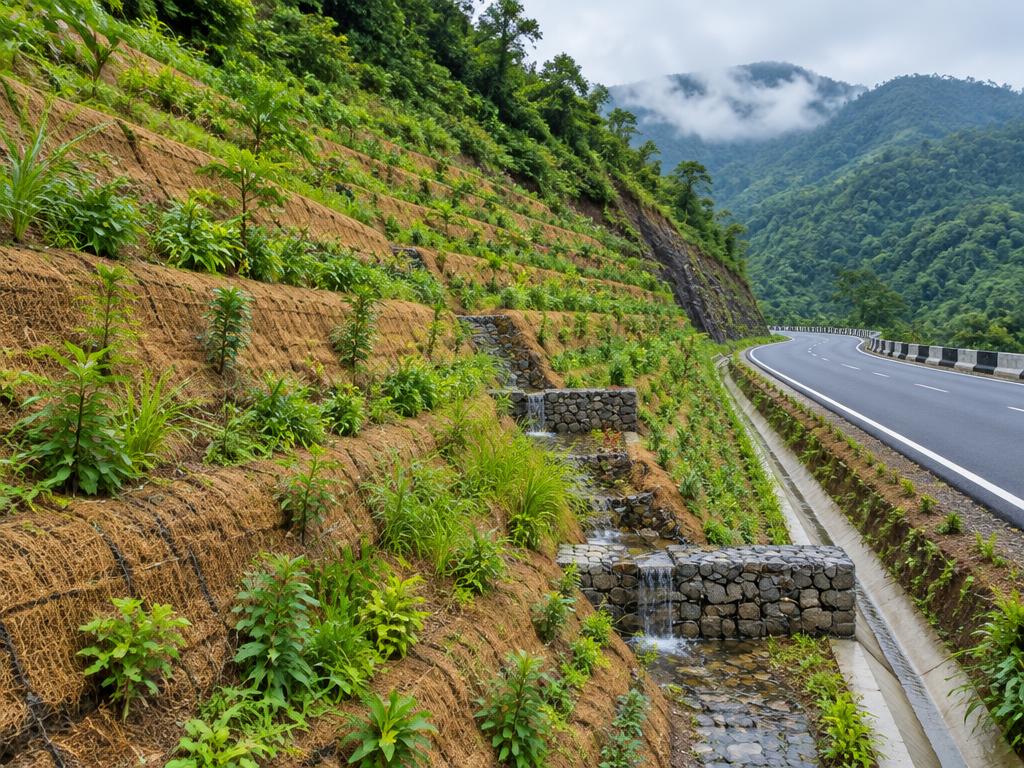 Bioengineered slope and erosion-control drainage beside an Indian mountain highway