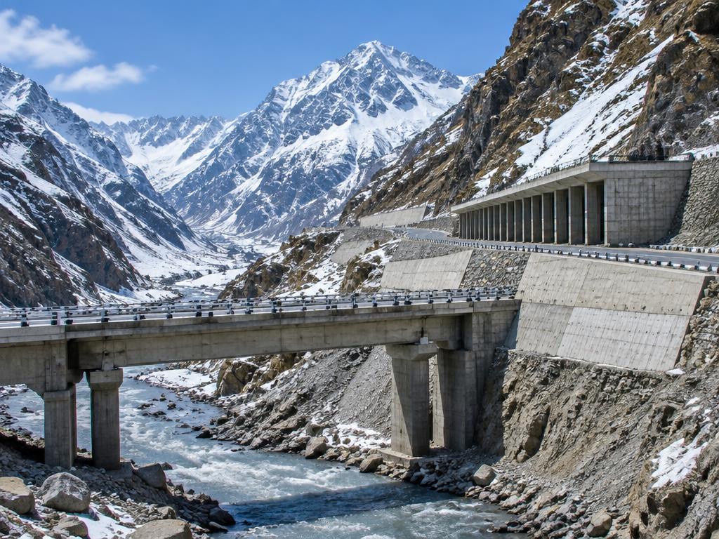 Strategic bridge, mountain road and avalanche gallery in the Indian Himalayas