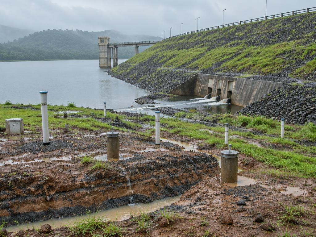 Piezometers monitoring seepage beside an Indian earth dam and reservoir