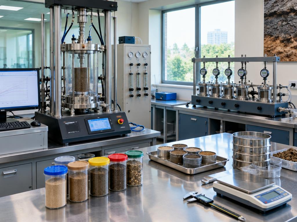 Modern geotechnical soil testing laboratory with triaxial and consolidation equipment