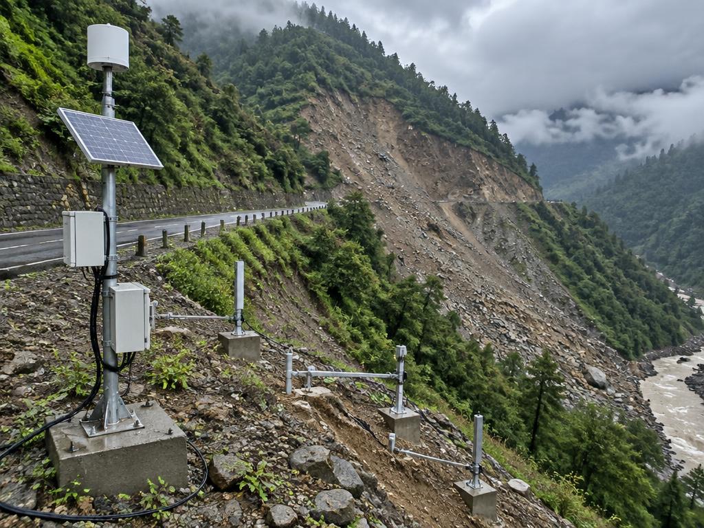 Solar-powered landslide early warning instruments beside an Indian Himalayan highway
