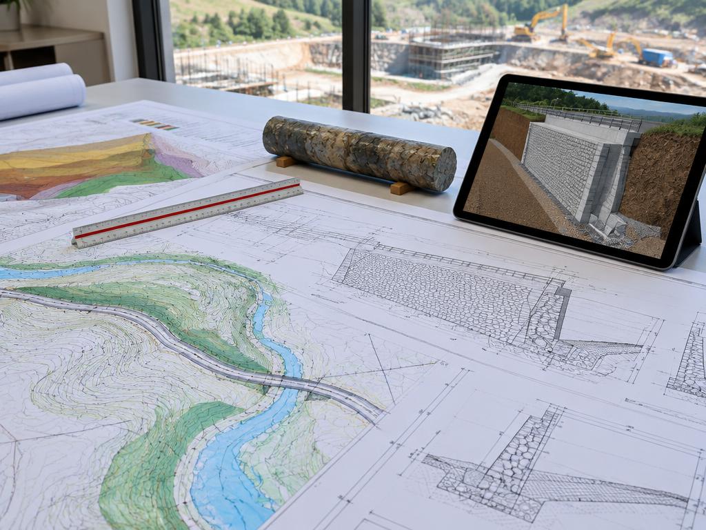 Infrastructure plans, rock core and digital retaining-wall model at an Indian site office