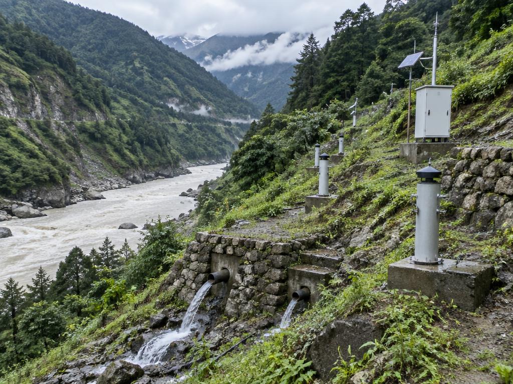Beas River catchment slope with hydro-mechanical monitoring equipment in Himachal Pradesh, India