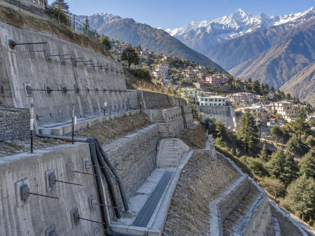 Himalayan town slope stabilization and ground monitoring works near Joshimath, Uttarakhand, India