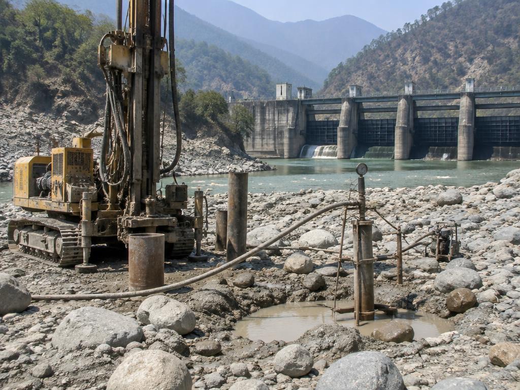 Khairna barrage and exposed riverbed foundation geology in Uttarakhand, India