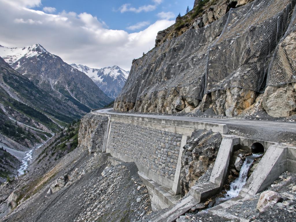 Rockfall protection and stabilized mountain pass road at Margan Pass in Jammu and Kashmir, India