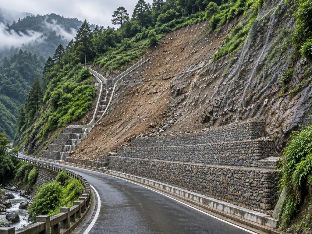 Engineered landslide remediation works on a steep Darjeeling hillside in West Bengal, India