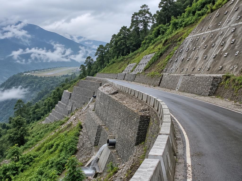 Pakyong Airport approach road and stabilized mountain terrain in Sikkim, India