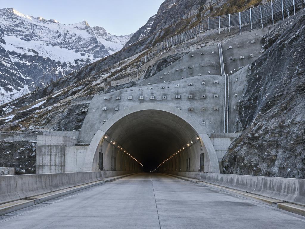 Rohtang Tunnel south portal and stabilized Himalayan mountain slope in Himachal Pradesh, India