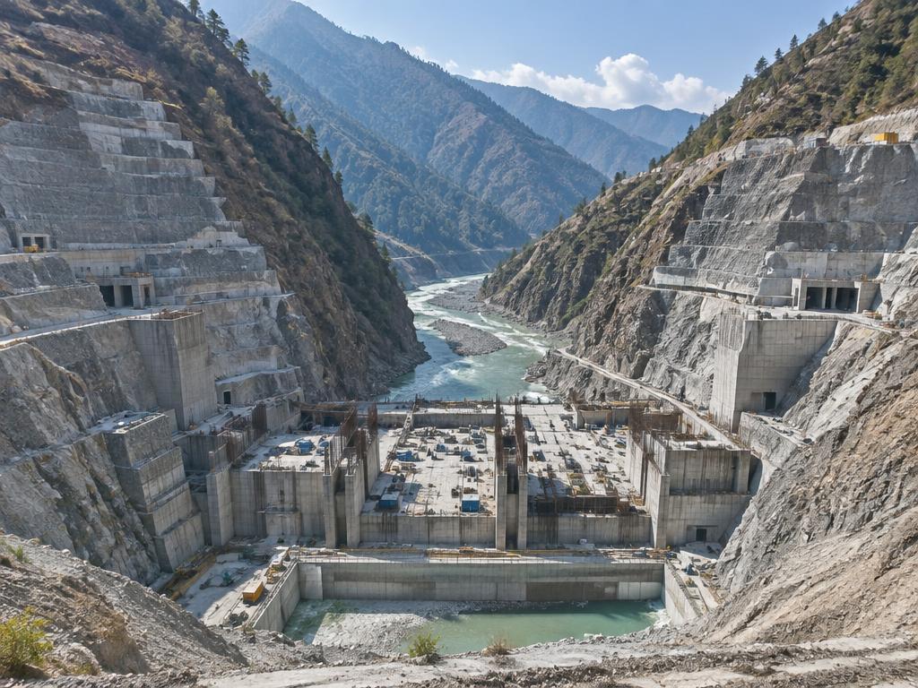 Sunni Dam foundation and Himalayan reservoir valley on the Sutlej River in Himachal Pradesh, India