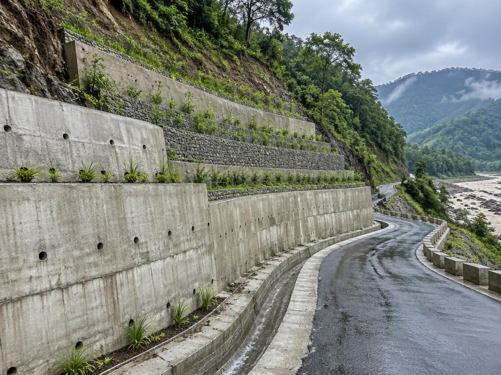 Reinforced retaining walls and drainage on a critical hill road near Tanakpur, Uttarakhand, India