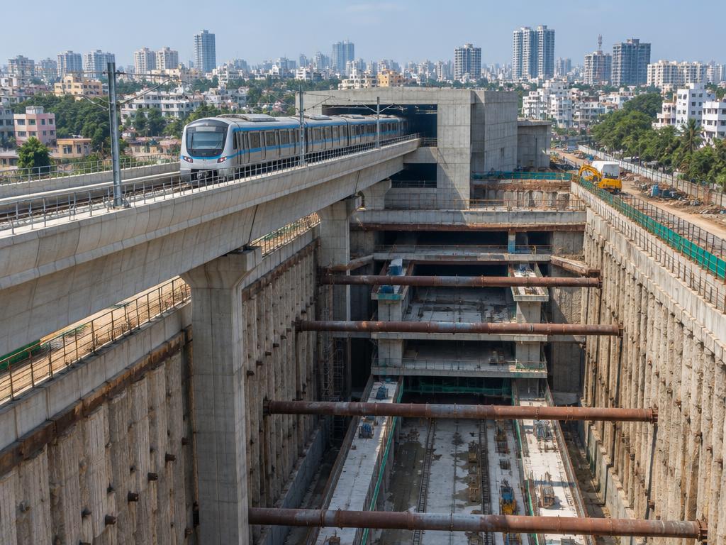 Elevated metro viaduct crossing a deep underground station excavation in an Indian city