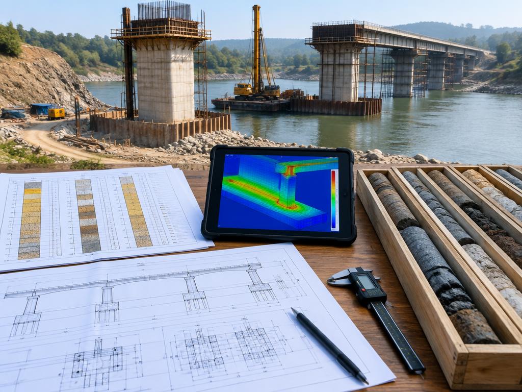 Bridge foundation audit materials, rock cores and analysis at an Indian river crossing