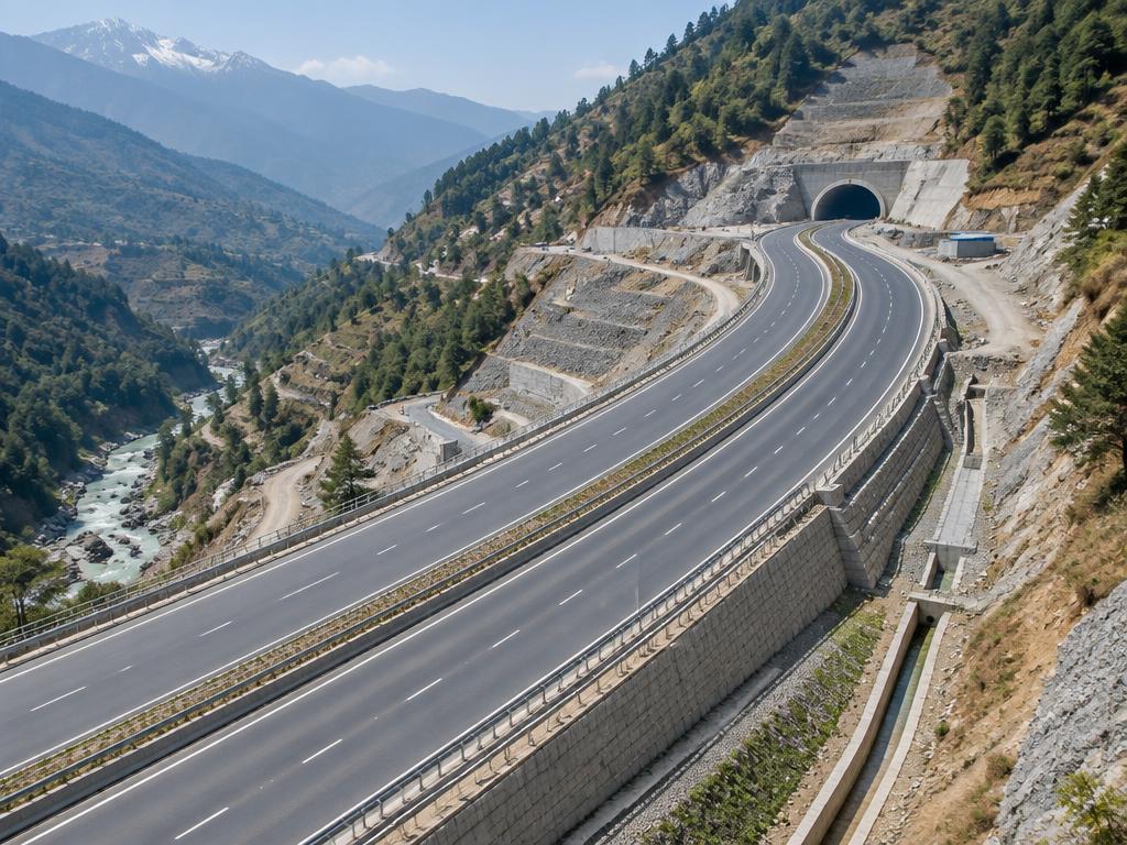 Mountain expressway and tunnel portal engineered through the Indian Himalayas