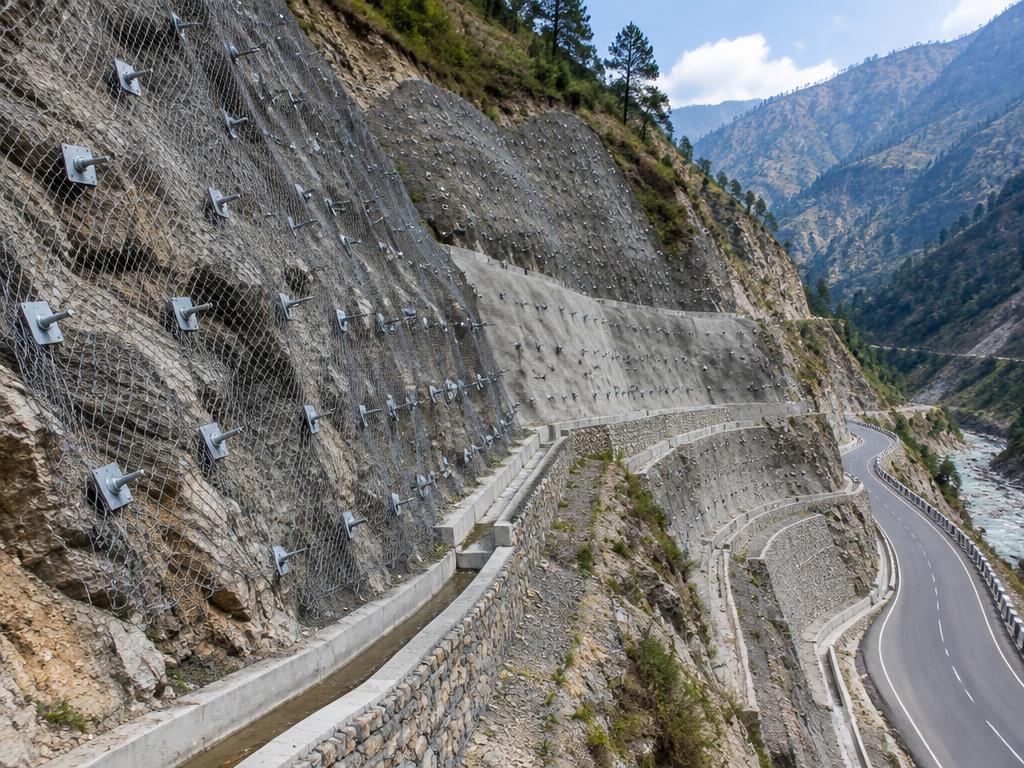 Rock bolts, wire mesh and drainage stabilizing an Indian mountain road cutting