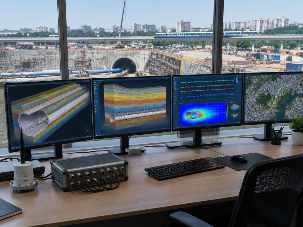 Tunnel digital twin and monitoring displays overlooking an Indian metro construction site